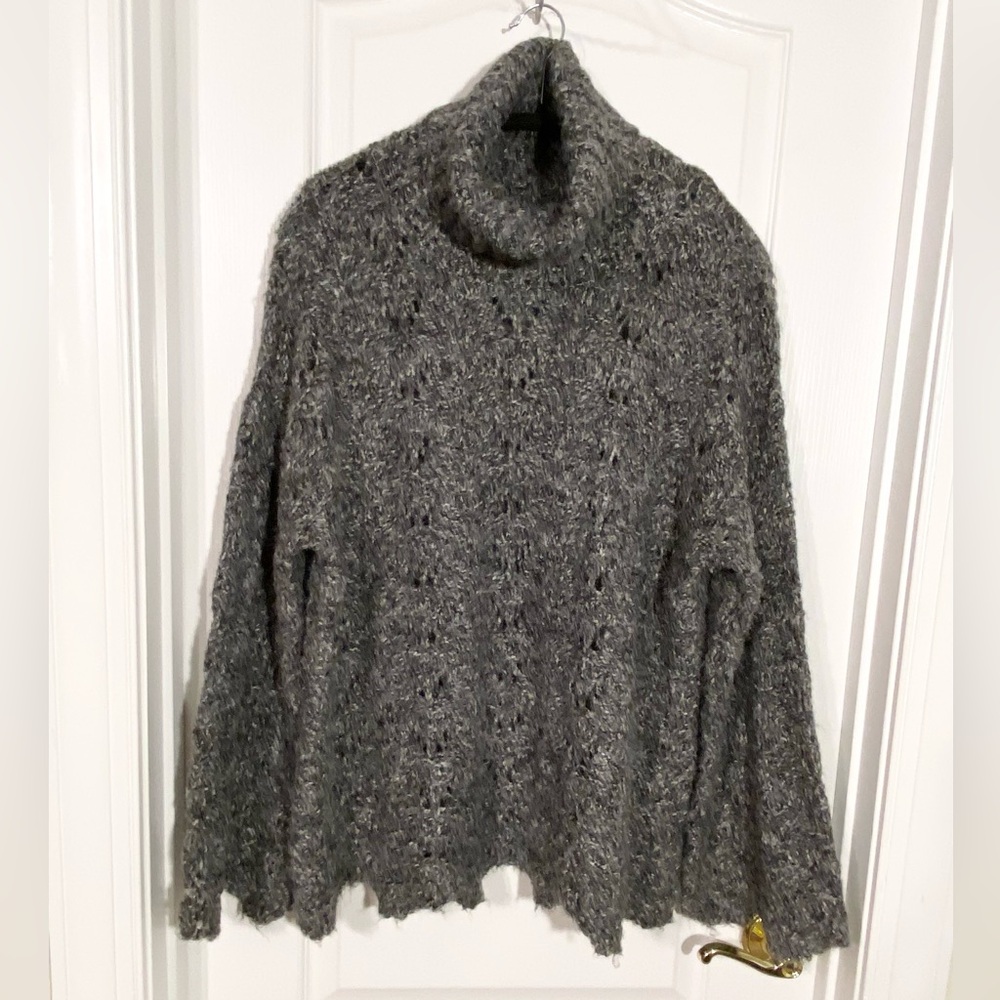 Kensie Bell Sleeve Eyelash Yarn Marled Open Knit Turtleneck Sweater Gray Sz XL